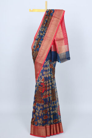 kalamkari chanderi cotton saree with peacock design and zari border