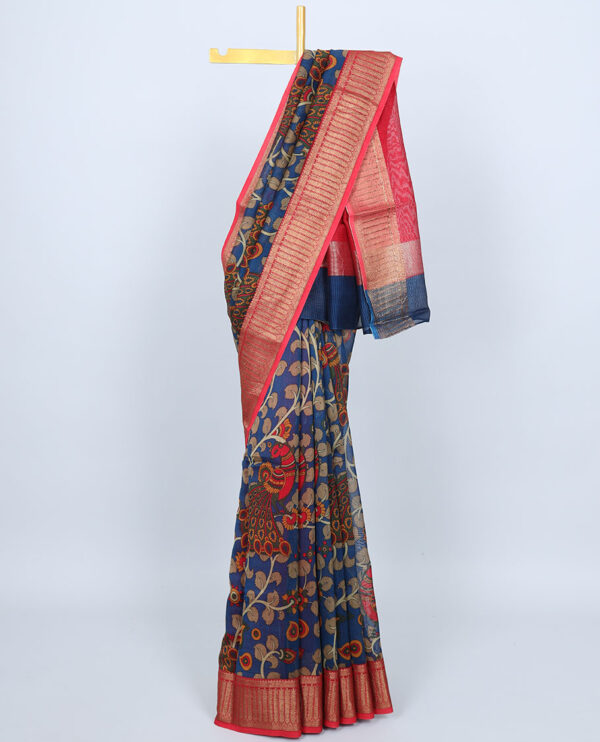 kalamkari chanderi cotton saree with peacock design and zari border