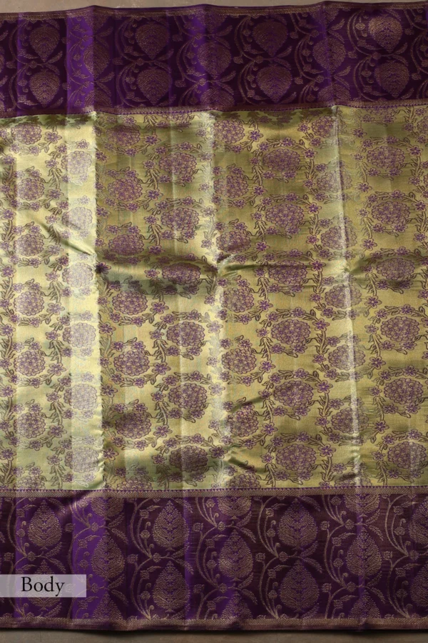 kanchipuram tissue saree in green & gold with royal purple border