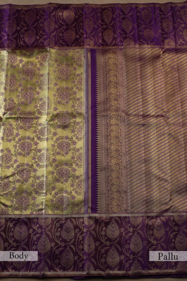 kanchipuram tissue saree in green & gold with royal purple border