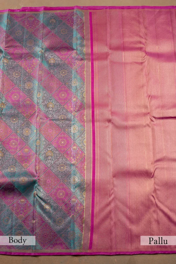 kanchipuram tissue saree in purple & blue with zari woven pallu