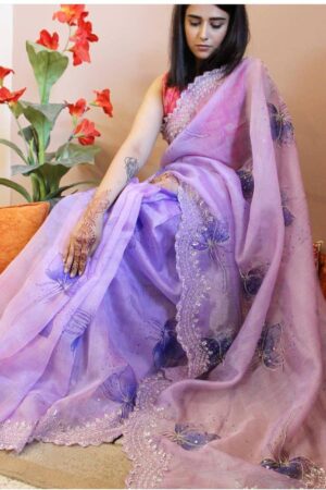 lavender chanderi khadi organza silk saree with handworked cutwork border