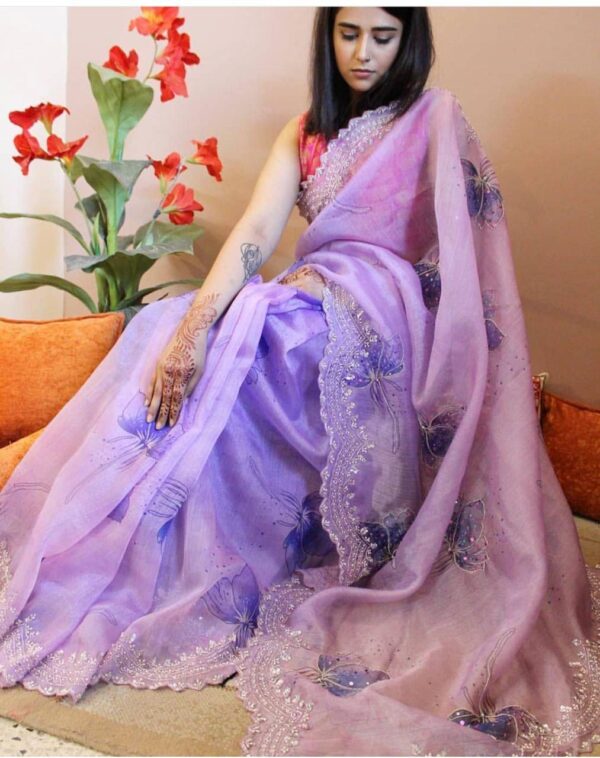 lavender chanderi khadi organza silk saree with handworked cutwork border