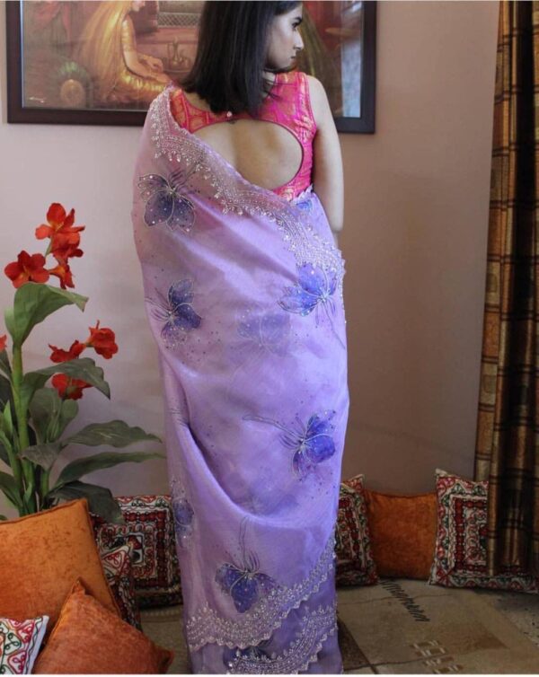 lavender chanderi khadi organza silk saree with handworked cutwork border