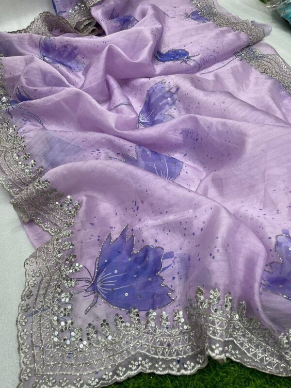 lavender chanderi khadi organza silk saree with handworked cutwork border