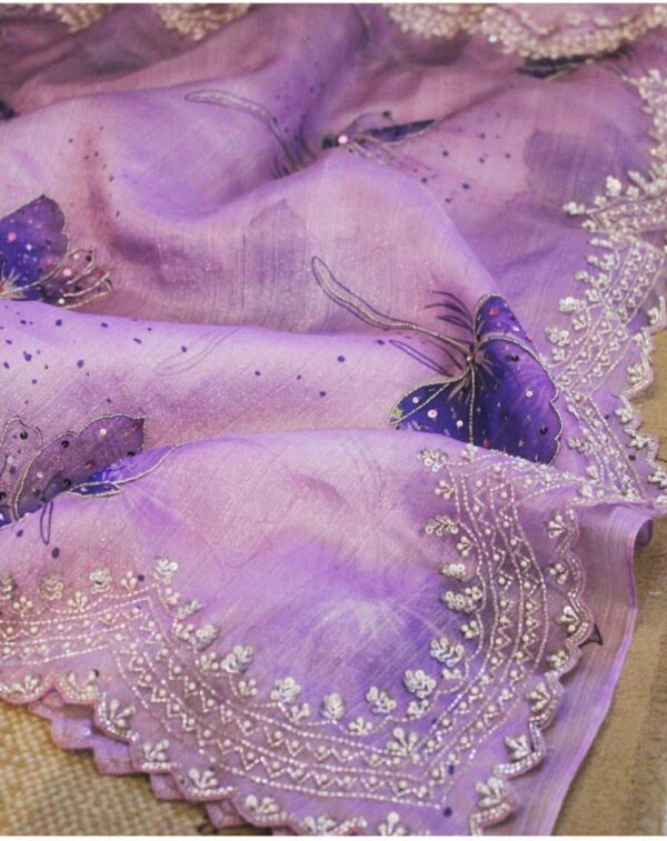 lavender chanderi khadi organza silk saree with handworked cutwork border