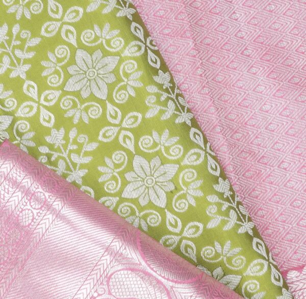 leaf green kanjivaram silk saree with pink zari border