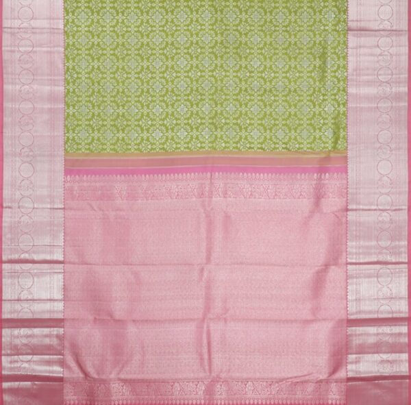 leaf green kanjivaram silk saree with pink zari border