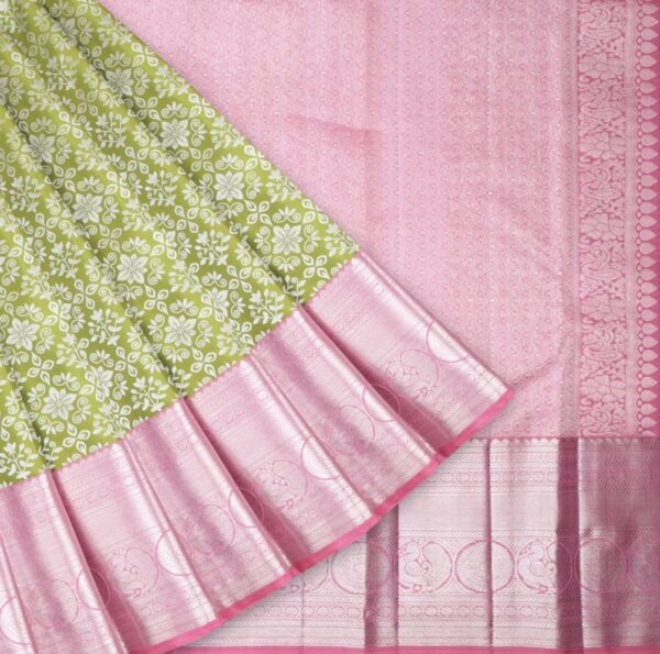 leaf green kanjivaram silk saree with pink zari border