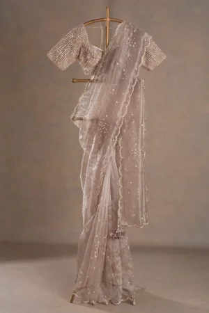 light beige glass tissue saree with sequins & pearl embroidery