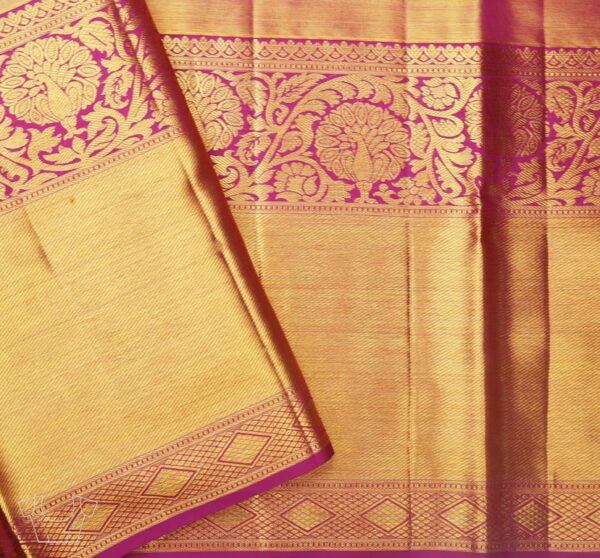 light gold kanjivaram silk saree with pink zari border