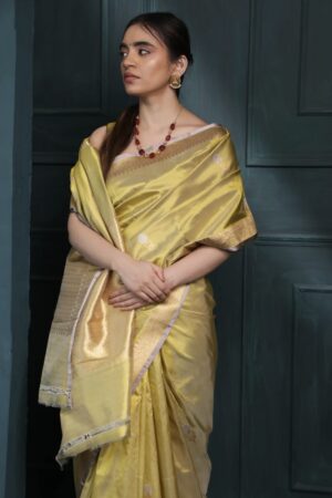 lime green banarasi silk saree with gold zari work