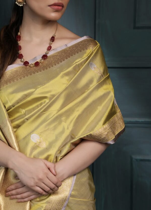 lime green banarasi silk saree with gold zari work