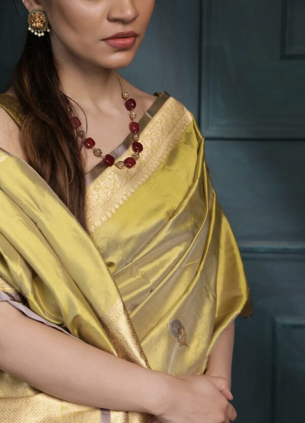 lime green banarasi silk saree with gold zari work