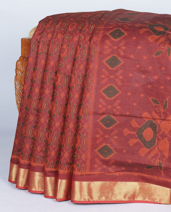 maroon chanderi cotton saree with floral diamond border and argyle zari pallu