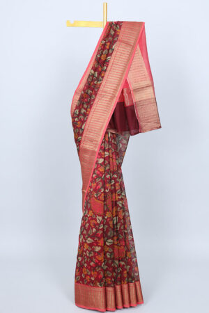 maroon chanderi cotton saree with floral kalamkari print and zari border