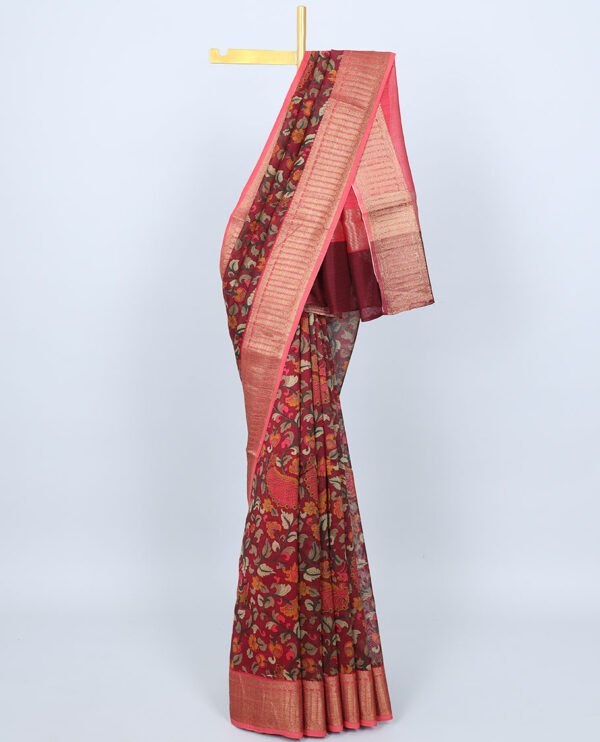 maroon chanderi cotton saree with floral kalamkari print and zari border