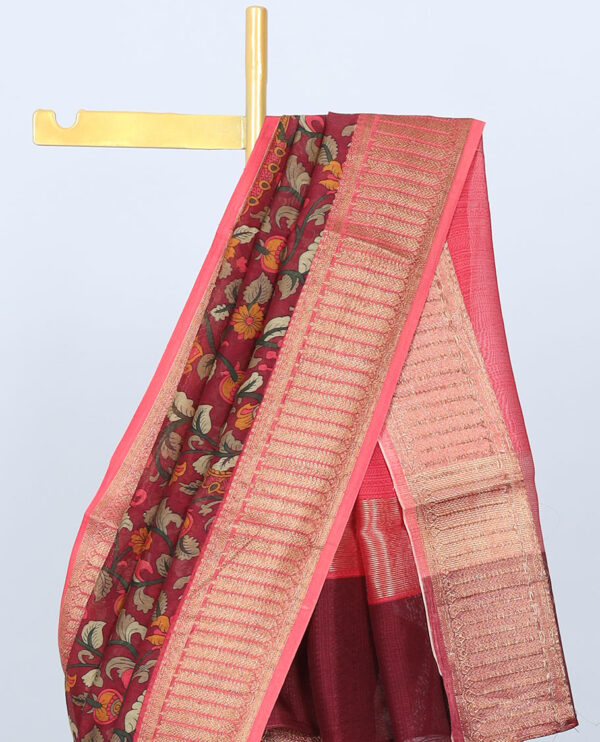 maroon chanderi cotton saree with floral kalamkari print and zari border