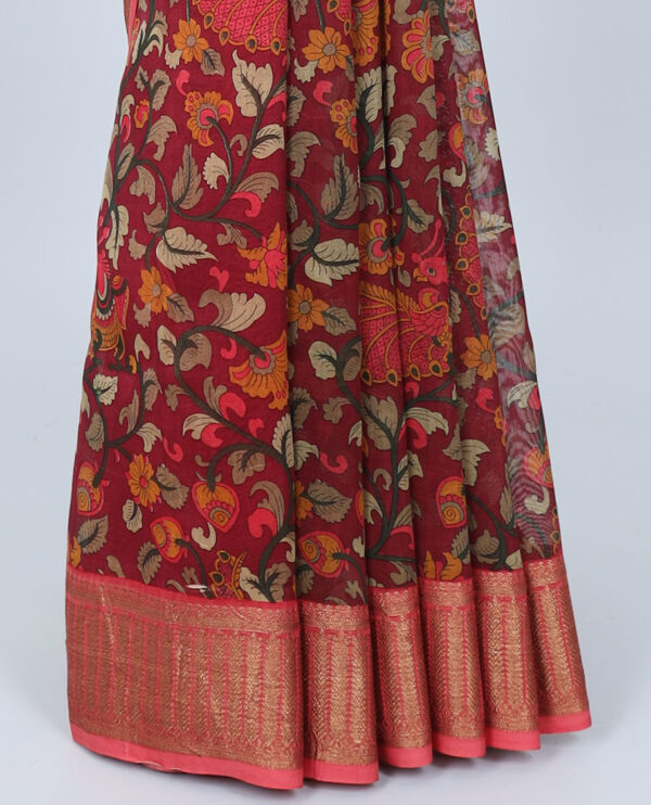 maroon chanderi cotton saree with floral kalamkari print and zari border