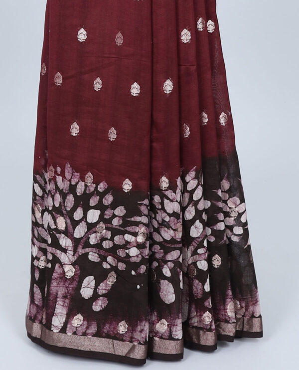 maroon chanderi cotton saree with tree printed border and buttas