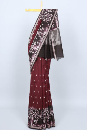 maroon chanderi cotton saree with tree printed border and buttas