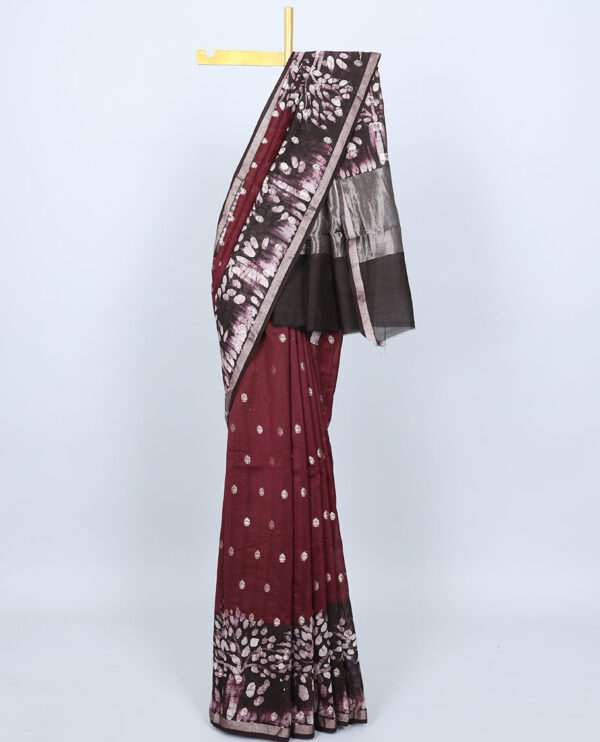 maroon chanderi cotton saree with tree printed border and buttas