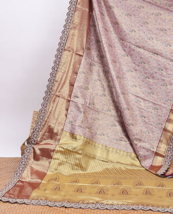 mauve purple semi tissue saree with patch embroidery border and floral motifs