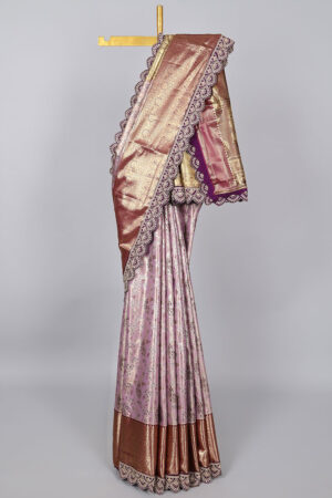 mauve purple semi tissue saree with patch embroidery border and floral motifs