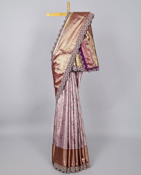 mauve purple semi tissue saree with patch embroidery border and floral motifs