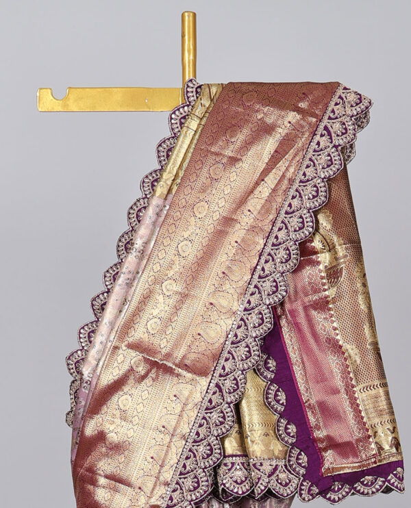 mauve purple semi tissue saree with patch embroidery border and floral motifs