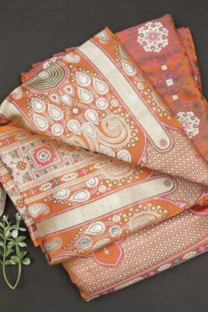 metallic orange banarasi silk saree with intricate zari weaving