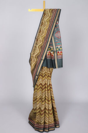 multicolour chevron printed chanderi cotton saree with floral contrast border