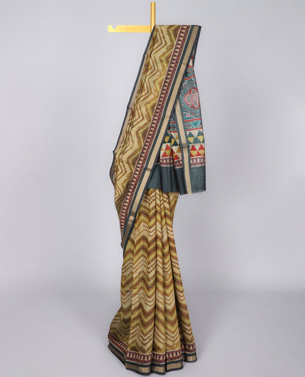 multicolour chevron printed chanderi cotton saree with floral contrast border