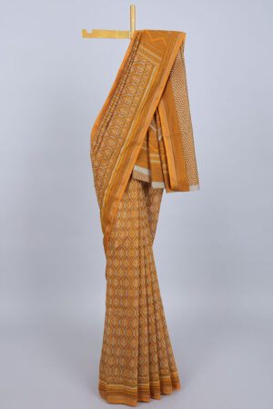 mustard geometric printed chanderi cotton saree with kantha embroidered border