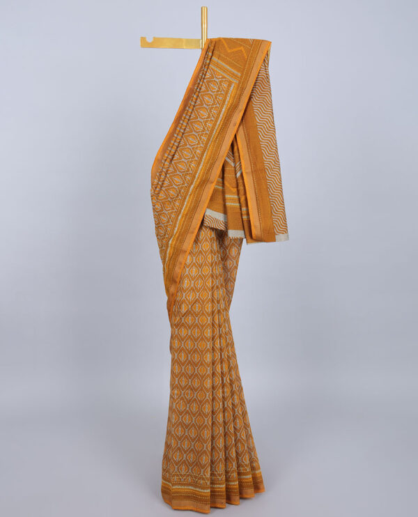 mustard geometric printed chanderi cotton saree with kantha embroidered border