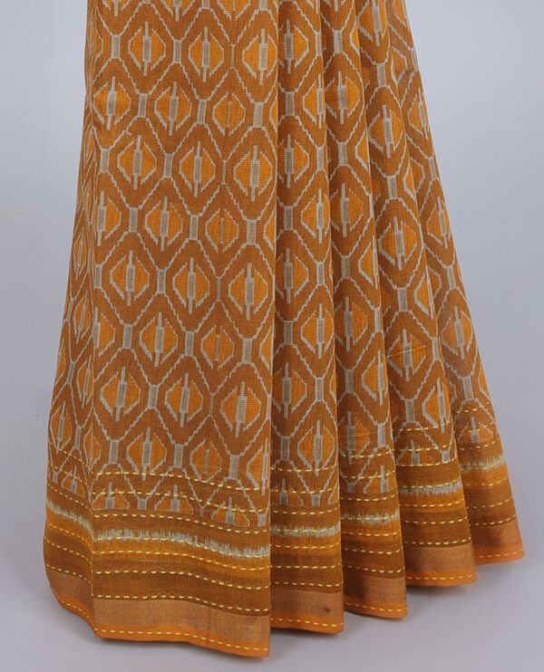 mustard geometric printed chanderi cotton saree with kantha embroidered border