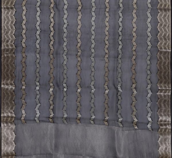 neutral black banarasi organza saree with wavy zari border