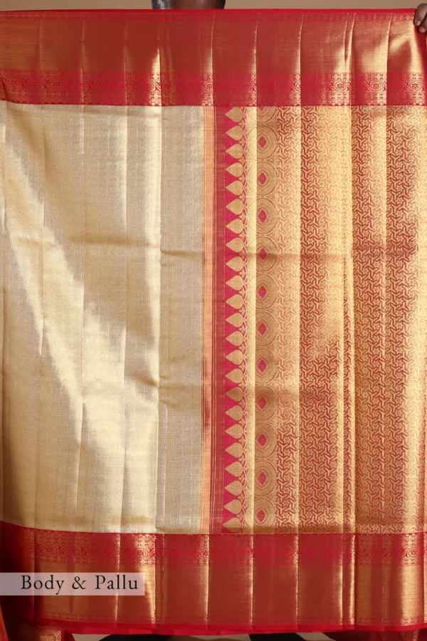 gold kanchipuram tissue saree with red & pink dual tone zari woven border