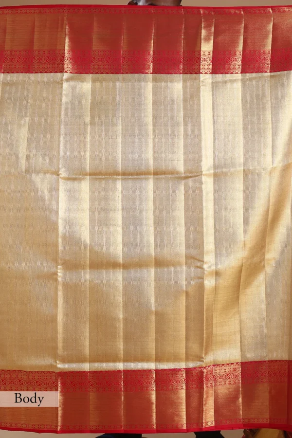 gold kanchipuram tissue saree with red & pink dual tone zari woven border