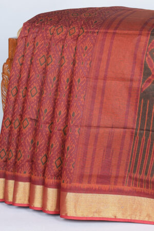 orange chanderi cotton saree with ikkat print and argyle pallu