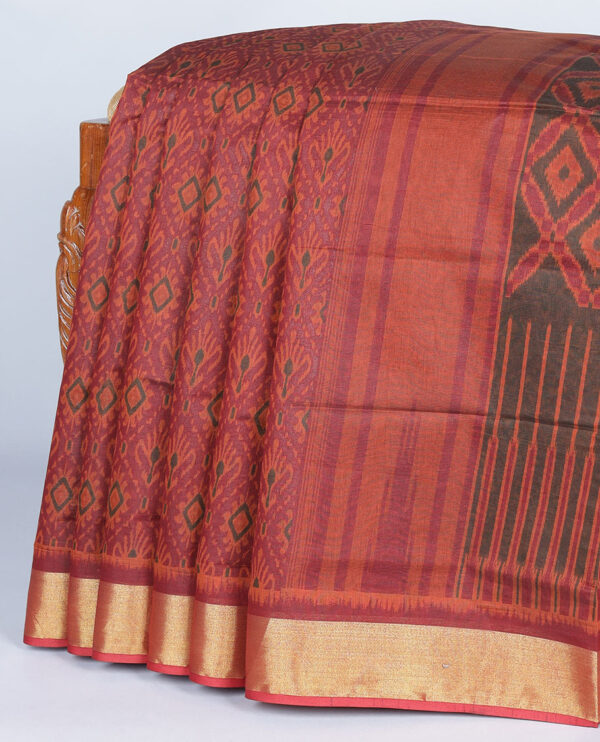 orange chanderi cotton saree with ikkat print and argyle pallu