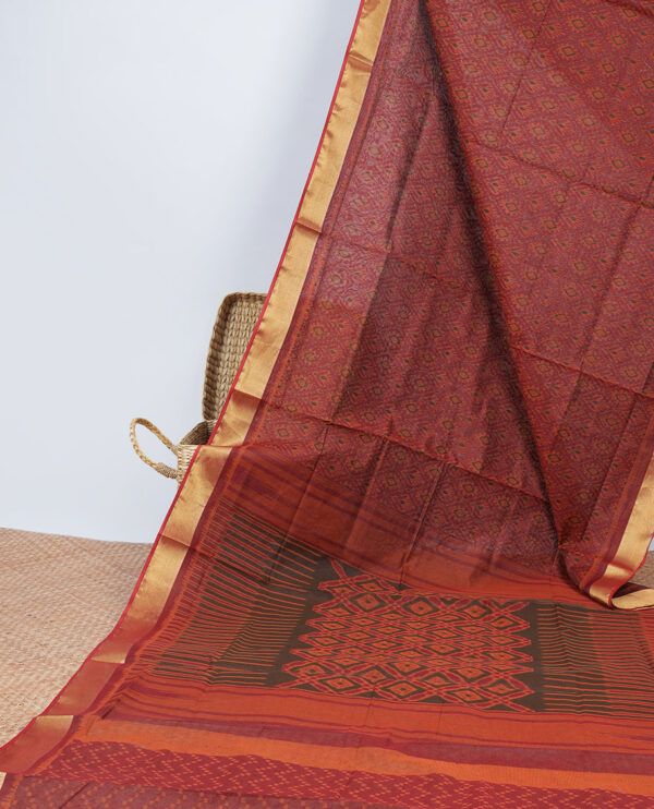 orange chanderi cotton saree with ikkat print and argyle pallu