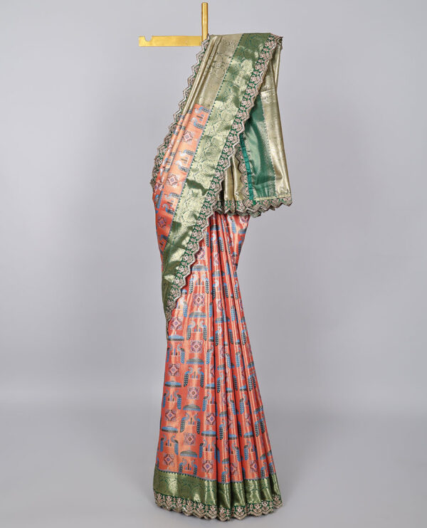 orange semi tissue saree with patch embroidery border and paisley design pallu