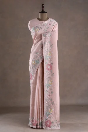 pale pink tissue saree with cutdana, sequins, & pearl embroidery