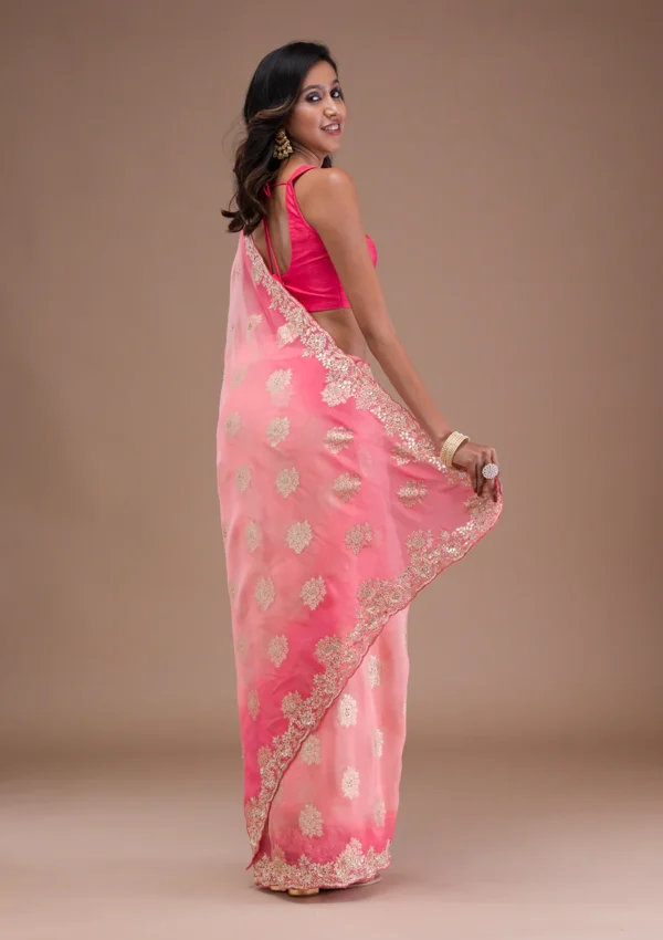 peach organza saree with gotapatti embroidery