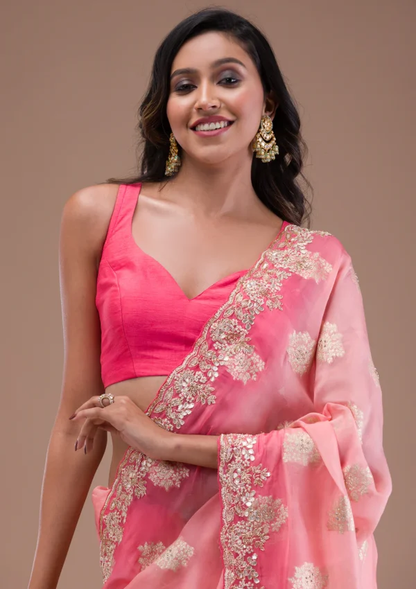 peach organza saree with gotapatti embroidery