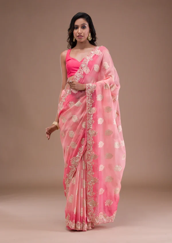 peach organza saree with gotapatti embroidery