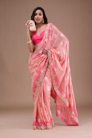 peach organza saree with gotapatti embroidery