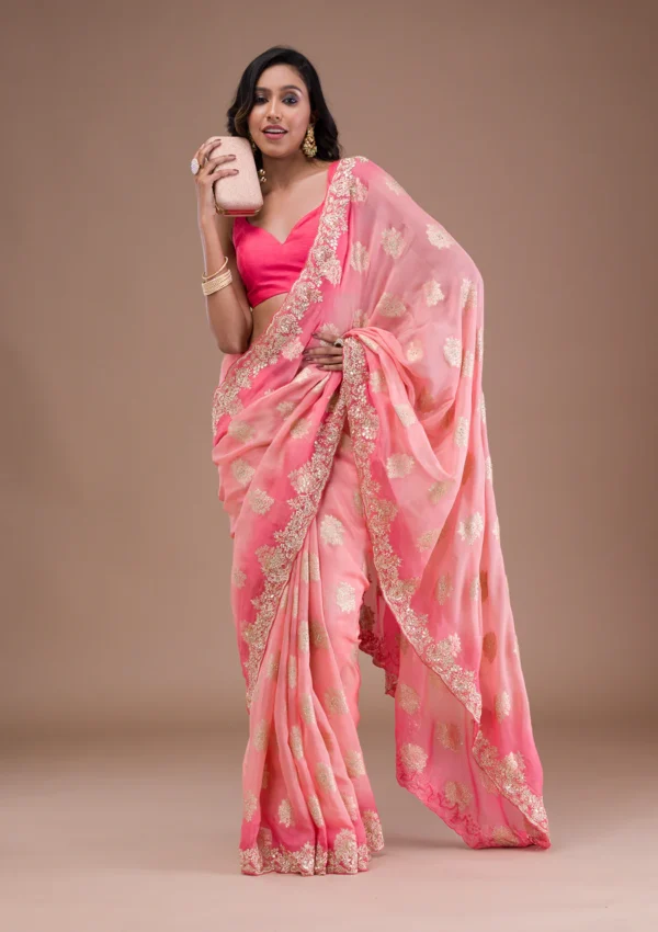 peach organza saree with gotapatti embroidery