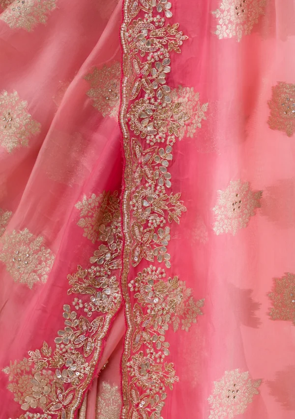 peach organza saree with gotapatti embroidery